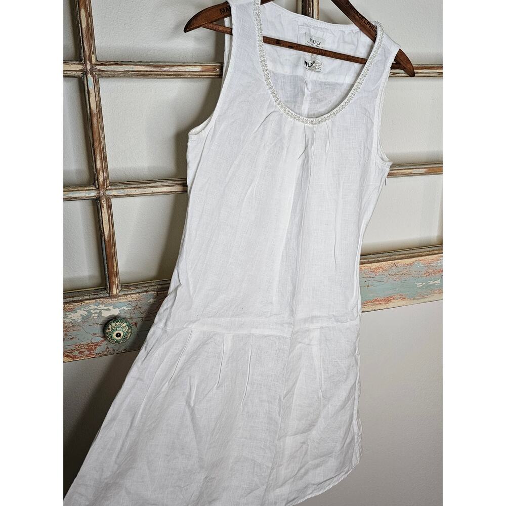 Linen Dress White Drop Waist Pearl Accents by Malvin Germany Ladies size Small - Picture 3 of 11
